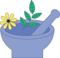 Illustration of a mortar and pestle with herbs and a flower, symbolizing natural remedies.