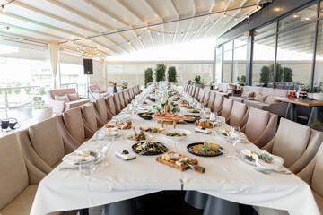 banquet hall in a restaurant with decor for a wedding