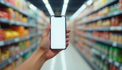 A person holding a smartphone with a blank screen while standing in a grocery store aisle. The image focuses on technology, shopping, and modern convenience.