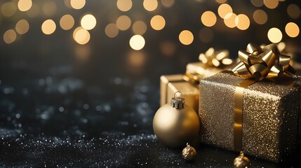 Golden gift box and ornament with bokeh background. Christmas luxury celebration concept