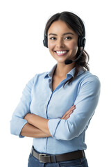 A happy female call center agent or receptionist with headset speaking, counseling in a transparent PNG or white background. assist, telemarketing, customer support operator, representative concept.	