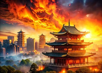 Fototapeta premium Burning China: A Stunning Double Exposure Depicting Urban Growth and Environmental Challenges