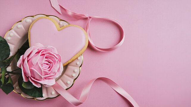 A pink heart-shaped cookie on a plate with pink roses on a pink background - Powered by Adobe