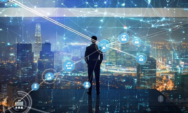 man standing toward a futuristic digital technology wall screen covered room with high tech environment and data