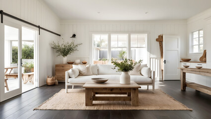 Bright Coastal Living Room with White Sofa and Rustic Wooden Furniture