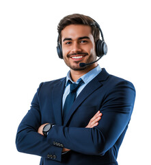 A happy male call center agent or receptionist with headset speaking, counseling in a transparent PNG or white background. assist, telemarketing, customer support operator, representative concept.