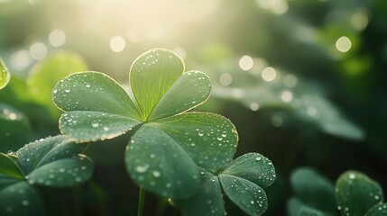 Dew-covered clover leaves in sunlight. Nature and luck symbol concept