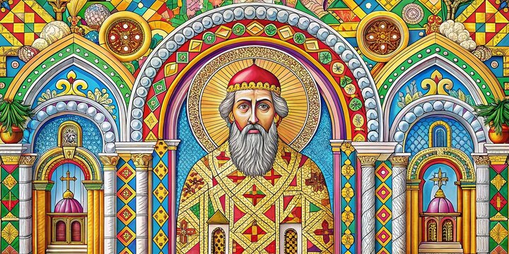 Byzantine Architectural Coloring Page of Saint Gregory of Nyssa in Intricate Design for Kids and Adults