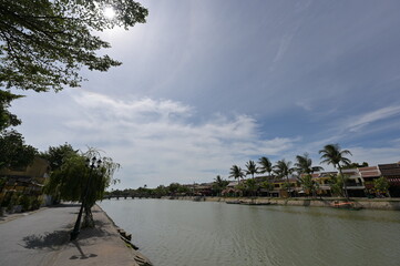 A view to the The Bon River at high noon. An abandoned street scene in Vietnam. A hot day at the river.