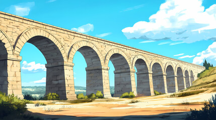 Fototapeta premium Ancient roman aqueduct with stone arches, historical landmark. Roman Aqueduct. Illustration