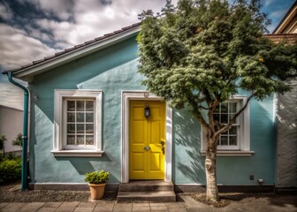 Candid Photography of a Charming Blue House with a Yellow Door and Lush Tree in Front