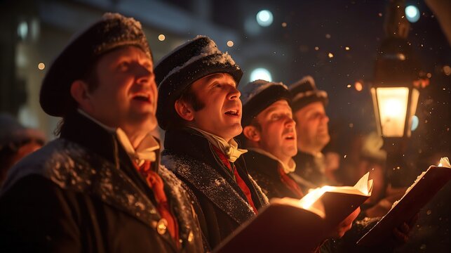 Christmas carolers singing in snowy night. Holiday tradition and festive atmosphere concept