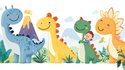 Naklejka premium Friendly dinosaurs and a child enjoy a vibrant prehistoric landscape with a volcano, AI