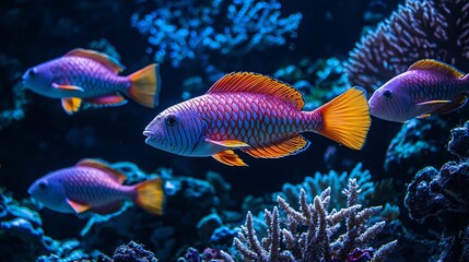 Obraz premium Parrotfish School Grazing on Coral in Shallow Ocean Light