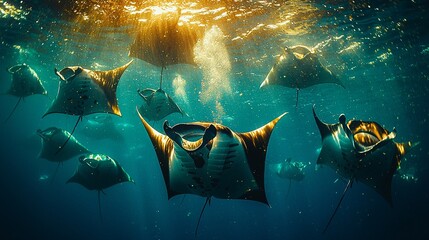 Manta Rays Swimming in Sunlit Ocean Waters: A Stunning Underwater Scene