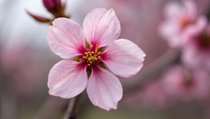 Fototapeta premium Beautiful pink cherry blossom petals with pollen against soft bokeh background