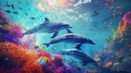 Fototapeta premium Underwater scene: dolphins swim near vibrant coral reef with colorful fish. Clear blue water backdrop creates serene atmosphere.
