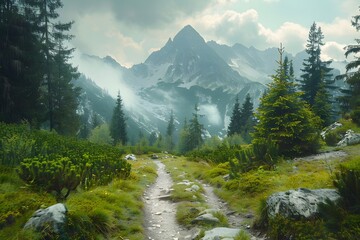 Fototapeta premium Serene Mountain Pathway Through Lush Greenery and Majestic Peaks