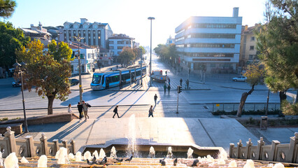 Life continues in Konya city center while the sun has just risen. View of the city's landmarks and...