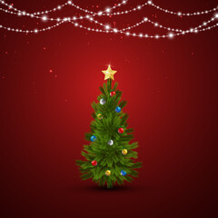 Merry Christmas, Happy New Year with christmas tree and balls. Realistic 3d elegant style. Winter Christmas background. Vector illustration
