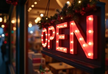 A cozy storefront featuring a bright Open sign, beautifully decorated for the holiday season. This inviting display creates a warm ambiance perfect for shoppers