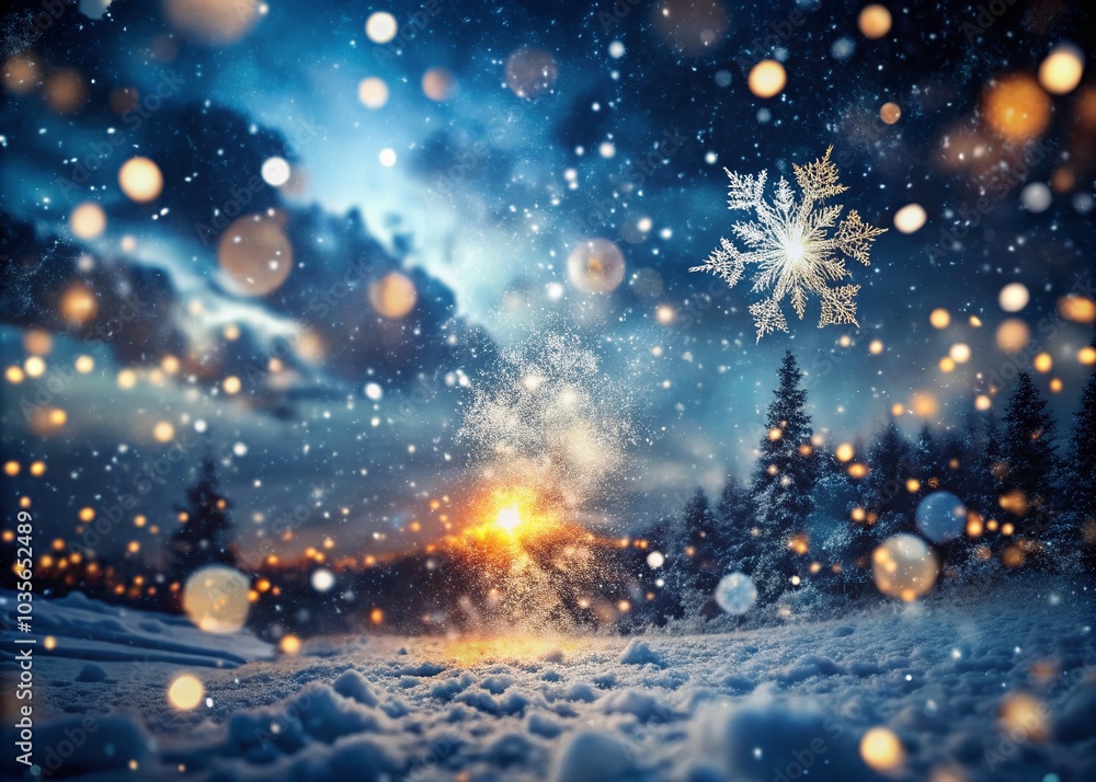 Aufkleber captivating double exposure of snow particles in dark background with bokeh effect and snowflakes in