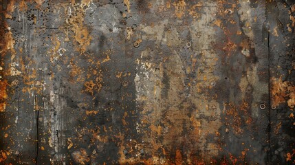 Naklejka premium Close-up image of a weathered metal wall with rust spots and old paint, enhancing industrial vibe. Rivets and screws add texture to the rusty background.
