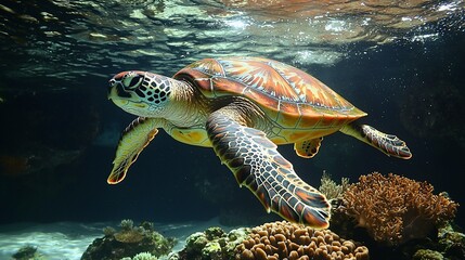 Fototapeta premium Graceful Sea Turtle Swimming in a Coral Lagoon Under Natural Light