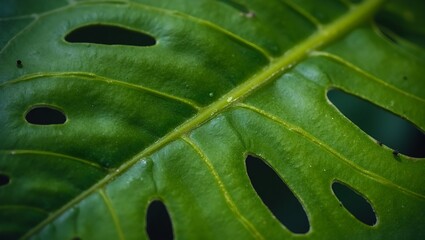 Detailed view of monstera leaf underside with holes and waxy texture
