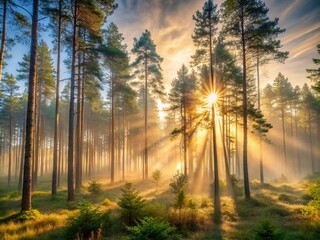 Fototapeta premium Vintage Morning Mist in Forest with Sunlight Rays - Nature Photography