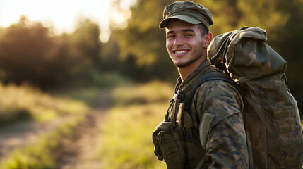 Happy young soldier returning home from the army