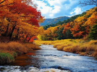 Fototapete Rund A picturesque autumn scene in South Korea, showcasing the vibrant colors of fall foliage and serene rivers with clear blue skies overhead © Kien