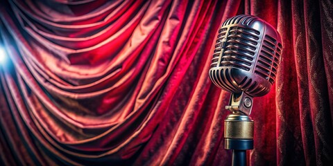 Captivating Portrait of a Microphone Against a Dramatic Curtain Background for Music and Performance Themes