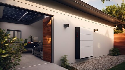 battery packs alternative electric energy storage system at home garage wall as backup or sustainable energy concepts, Generative Ai 