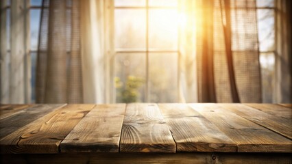 Rustic wooden table surface with blurred background of a window with curtains and bright sunlight streaming through