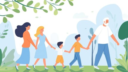 Fototapeta premium Family enjoying a walk in a lush, green park on a sunny day, AI