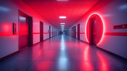 Photograph of a modern police station hallway featuring smart security systems motion sensors and touchless access doors