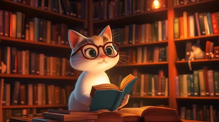 A cute 2D cartoon character of a clever cat reading book in library