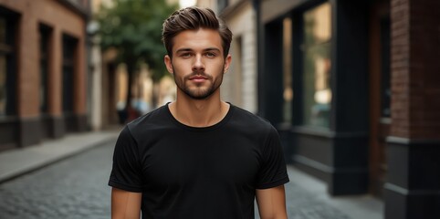 Fototapeta premium Young Model Shirt Mockup, Boy wearing black t-shirt on street in daylight, Shirt Mockup Template on hipster adult for design print, Male guy wearing casual t-shirt mockup placement