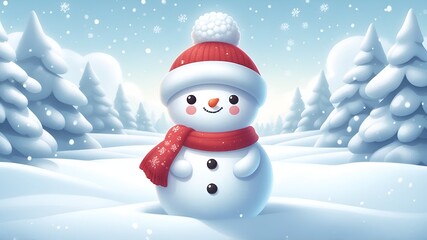 Fototapeta premium A cute cartoon snowman stands in a snowy winter wonderland.