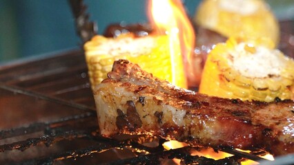 Family gather celebrate holiday, Family member grill food for dinner party. Outdoor camping activity to relax with tasty meal and spend time with young generation cross generation gap. Divergence.