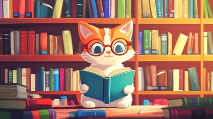 A cute 2D cartoon character of a clever cat reading book in library