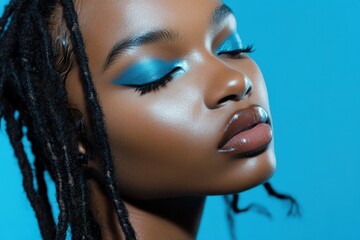 Blue Eyeshadow. African-American Model with Stylish Metal Blue Makeup and Dreadlocks