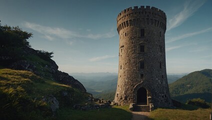 An ancient archer tower overlooking a tranquil lake inspires peace and reflection