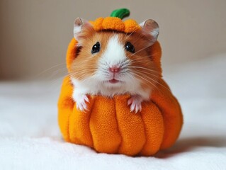 Adorable Hamster Dressed in Pumpkin Outfit Posing Cutely on White Background