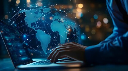 Person using a laptop with a glowing earth and network connections in the background