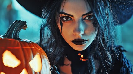 Brooding Witch Gazes Intensely with Pumpkin Under Ominous Lighting