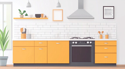 Minimalist home kitchen interior with washbasin and gas stove