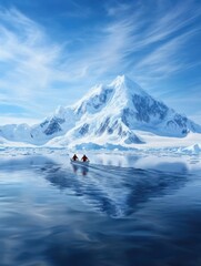 Naklejka premium A serene winter landscape featuring two people kayaking in icy waters, surrounded by towering snow-capped mountains under a clear blue sky.