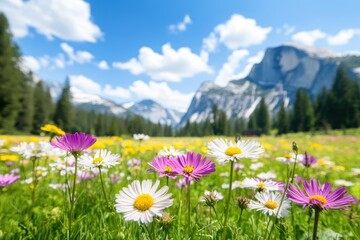 Obraz premium A vibrant meadow filled with colorful wildflowers, surrounded by majestic mountains and a clear blue sky, creating a serene and picturesque natural landscape.